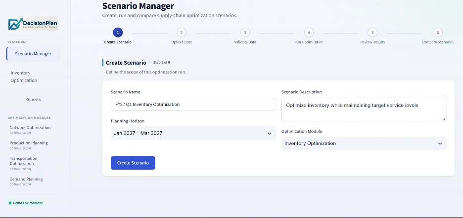 DecisionPlan Scenario Manager — Create Scenario form with scenario name, planning horizon and optimization module fields, and the six-step progress tracker across the top